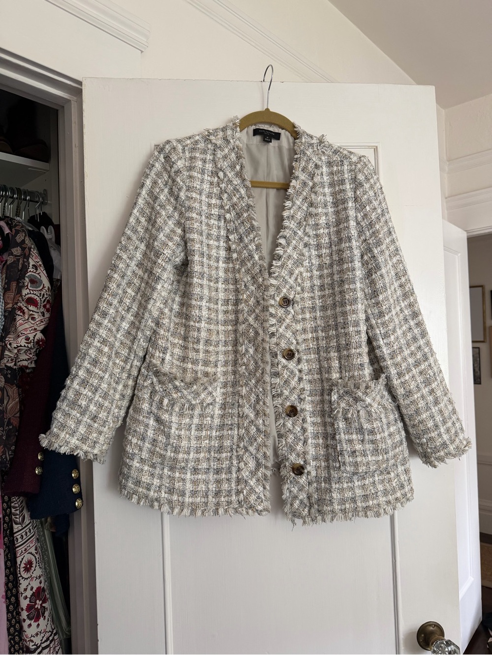 Ann Taylor Cream and Gray Tweed Fringe Jacket